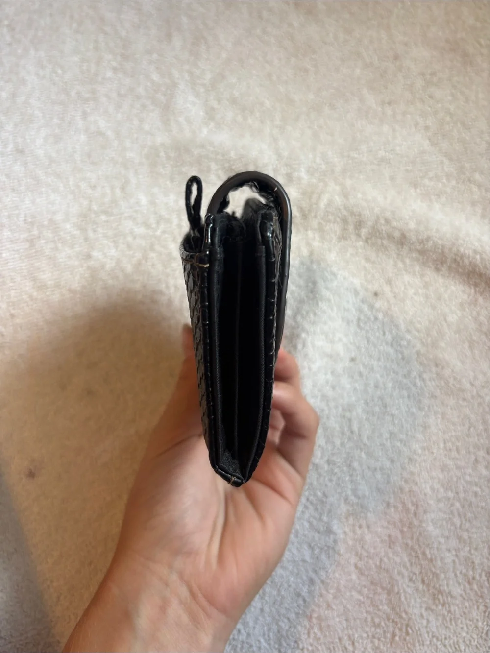 Black Patent Croc Card Wallet with Oval Metal Accent